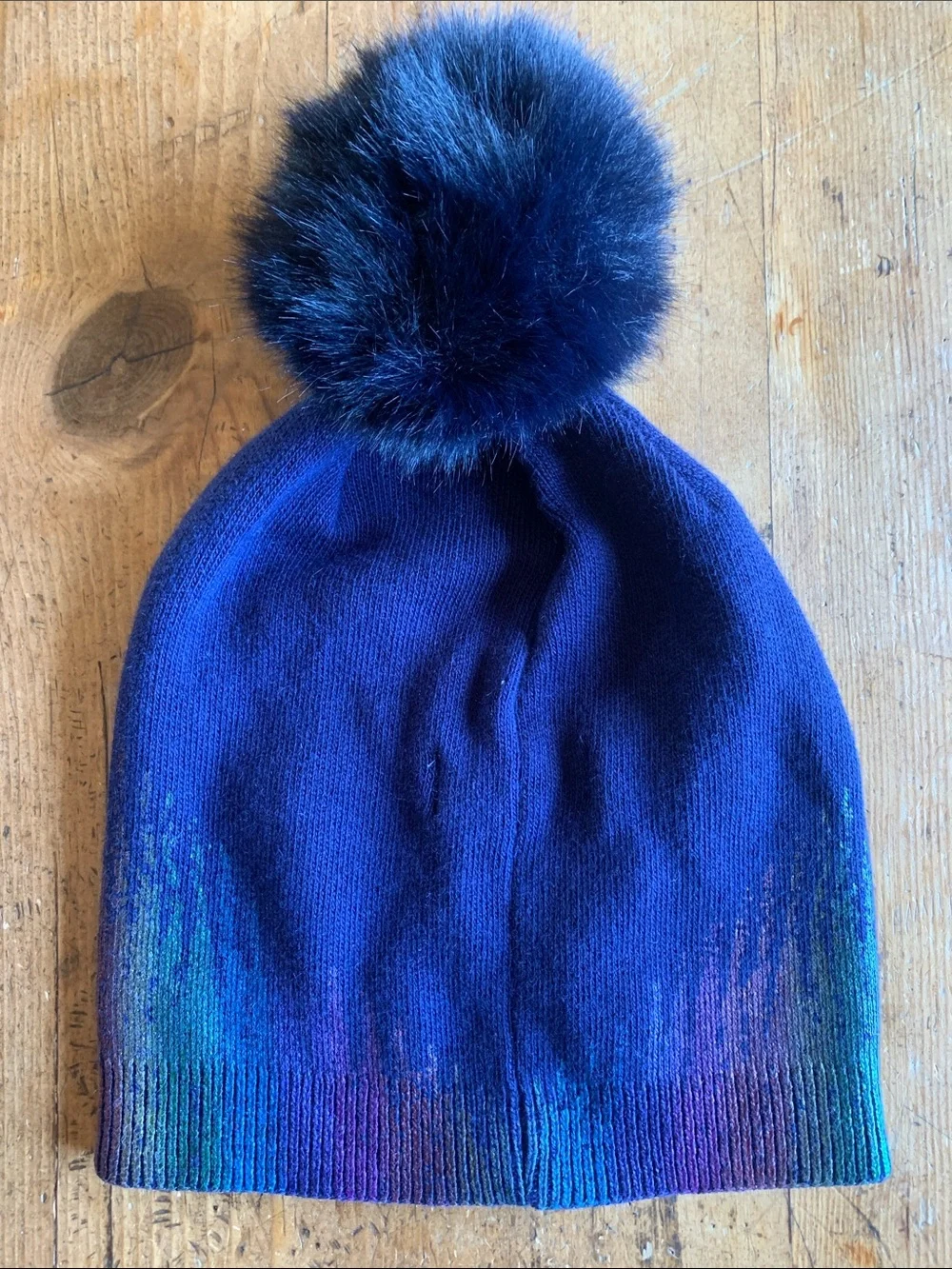 Adrienne Landau Womens Iridescent Navy Beanie with Pom